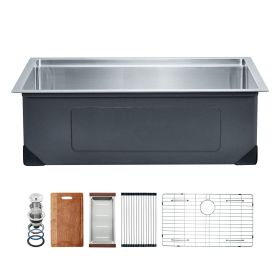 32 inch Kitchen Sink Workstation, 304 Stainless Steel Undermount Sink, Drop-In Single Bowl Farmhouse Basin with Ledge & Multiple Accessories
