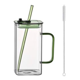 1 Pcs Green Glass Straw Cup, 4 Colors Square Glass Cup With Straw And Lid, High Borosilicate Glass Cup, Milk Cup, Juice Cup, Cold Drink Cup, Coff (Option: GREEN)
