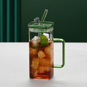 1 Pcs Green Glass Straw Cup, 6 Colors Square Glass Cup With Straw And Lid, High Borosilicate Glass Cup, Milk Cup, Juice Cup, Cold Drink Cup, Coff (Option: GREEN)