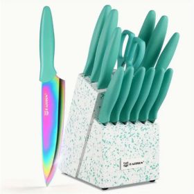 14-Piece Rainbow Colored High Carbon Stainless Steel Kitchen Knife Set, Titanium Coated Blade, Rust-Free & Super Sharp, Flatware Set With Wooden (Option: GREEN)