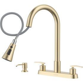 Handle Kitchen Faucet With Pull Down Sprayer Brushed Gold, 4 Holes Sink Faucets For Kitchen RV With Soap Dispenser Stainless Steel (Option: GOLDEN)
